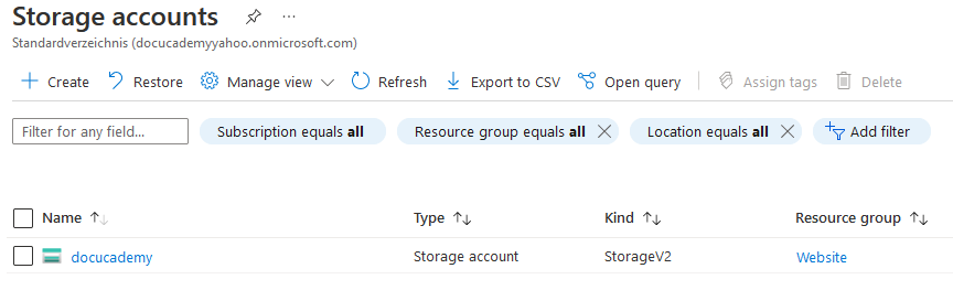 Microsoft Azure - displaying the created storage service