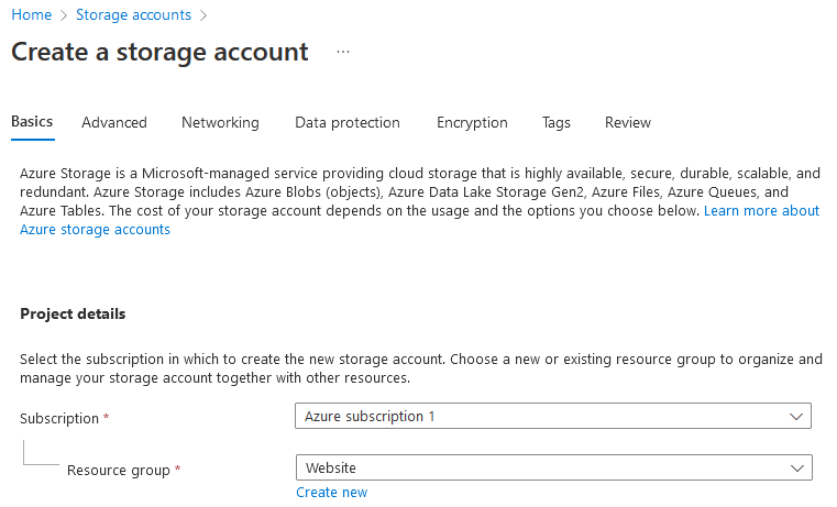 Microsoft Azure - creating a new storage account