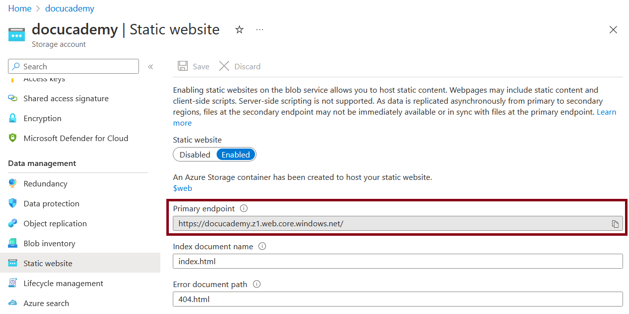Microsoft Azure - copying the static site URL