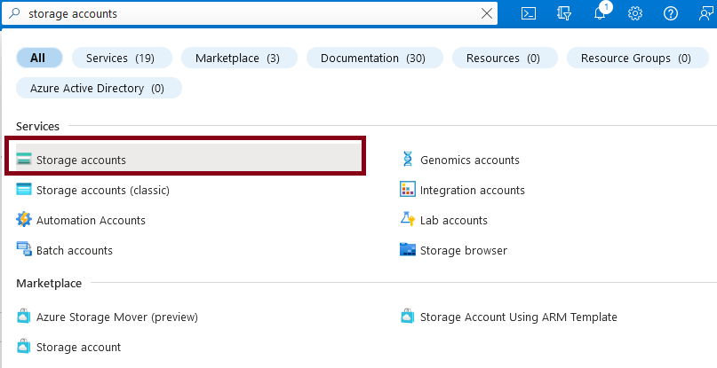 Microsoft Azure - searching for Storage Accounts