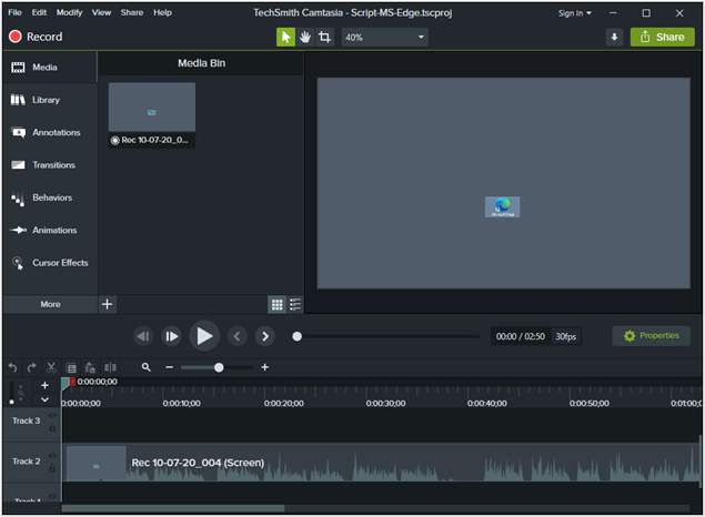 Camtasia - displaying the recorded screencast
