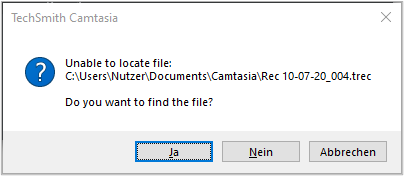 Camtasia - specifying the new location of the project