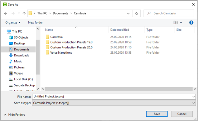Camtasia - specifying a folder for storing the project