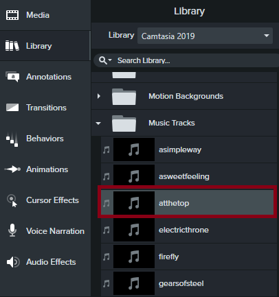 Camtasia - library with music tracks