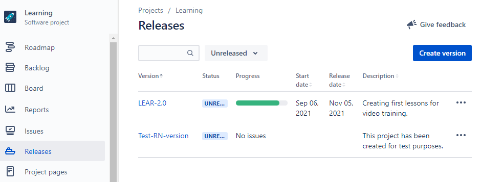 Jira - opened page with releases in Jira
