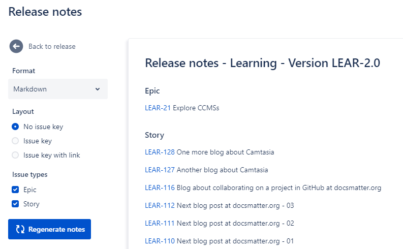 Jira - settings for creating the release notes