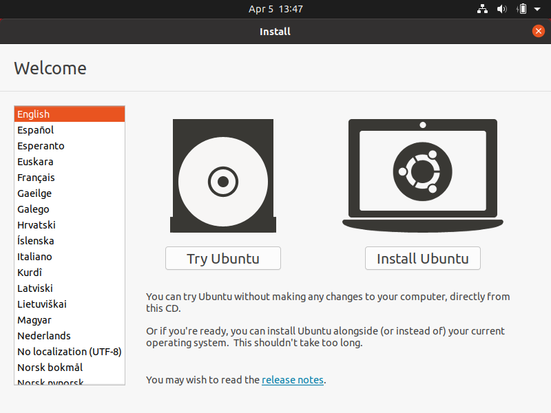 Installing Ubuntu - choosing the language