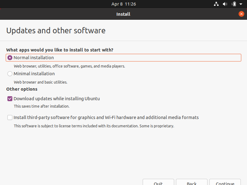 Installing Ubuntu - choosing the initial installation set