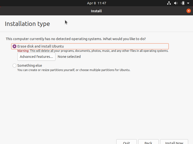 Installing Ubuntu - choosing the installation type