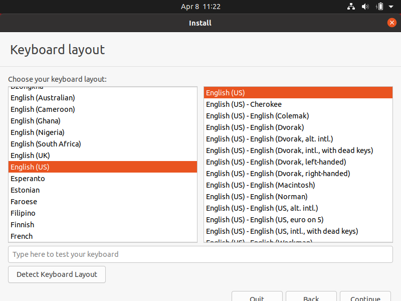Installing Ubuntu - choosing the keyboard layout