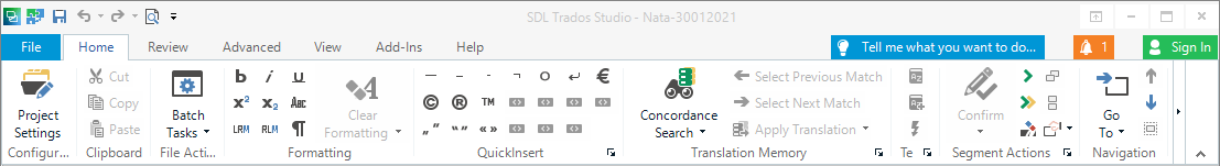 SDL Trados Studio - toolbar in the editor