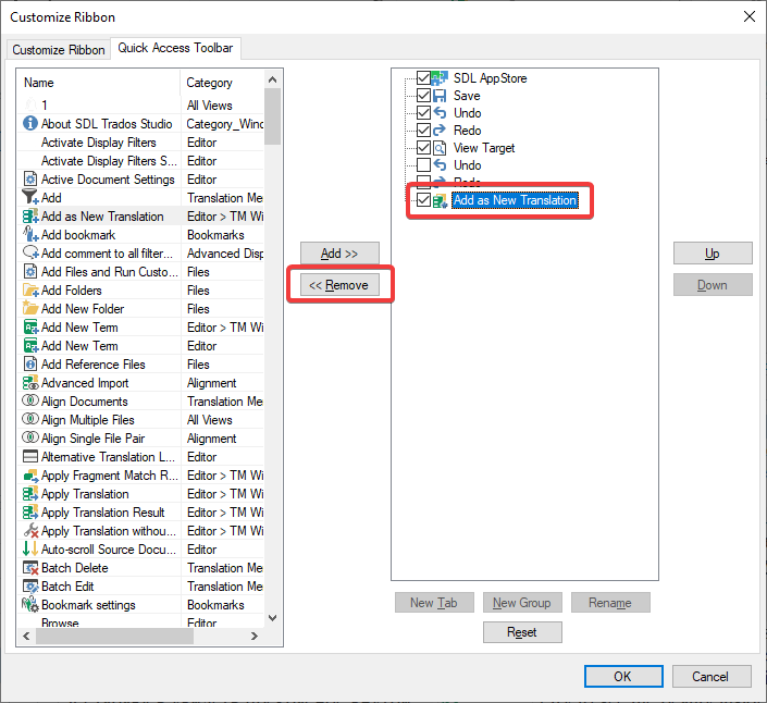 SDL Trados Studio - removing the command from the toolbar